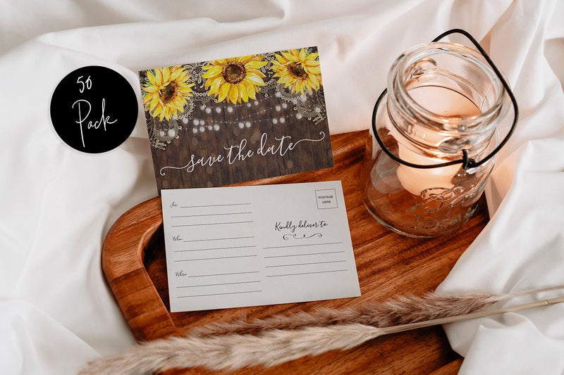 Your Main Event Prints 50 Sunflower Save The Date Cards for Wedding, Engagement, Anniversary, Baby Shower, Birthday Party - Wood Save The Dates Postcard Invitations - 4x6, No Envelopes Needed - Image 2